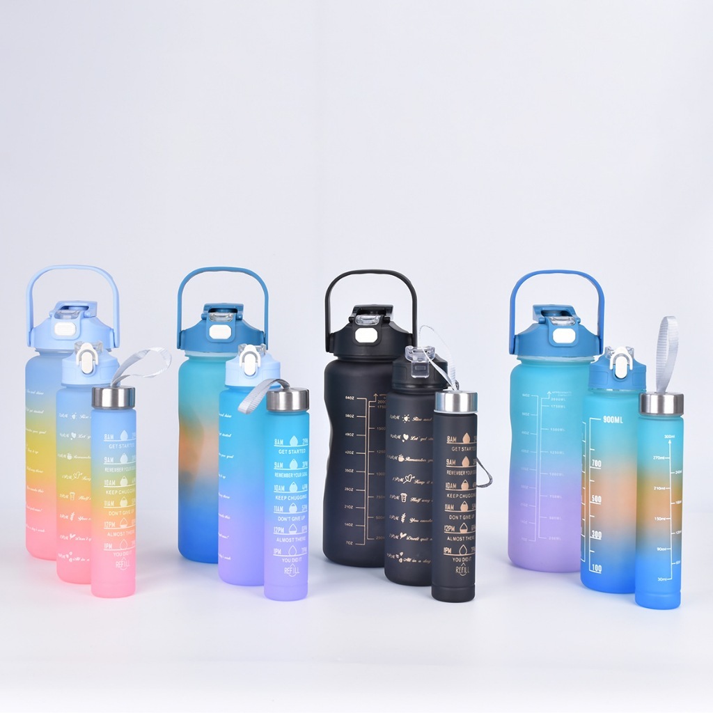 Kit 3 Garrafas De Água Degradê 2Litros e 900ml e 300ml Frase Motivacional Academia Treino Esporte Corrida Natação